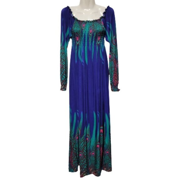 Long Sleeve Maxi Dress Peacok Motif Long Dress - One Size Fits Most- NEW ! - Picture 1 of 10
